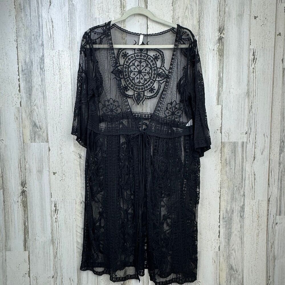 PINK BLUSH OVERSIZED BLACK LACE MESH OVERLAY CARDIGAN SIZE SMALL